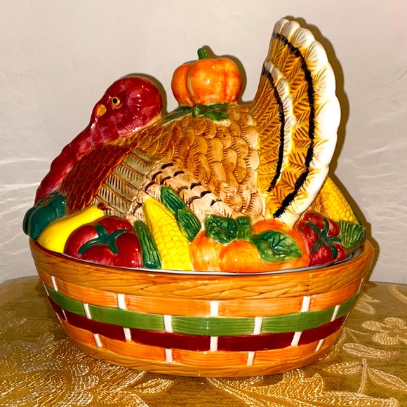 HUGE TURKEY TUREEN THANKSGIVING POTTERY HAND PAINTED NEW HARVEST Fall Vintage - Picture 6 of 13